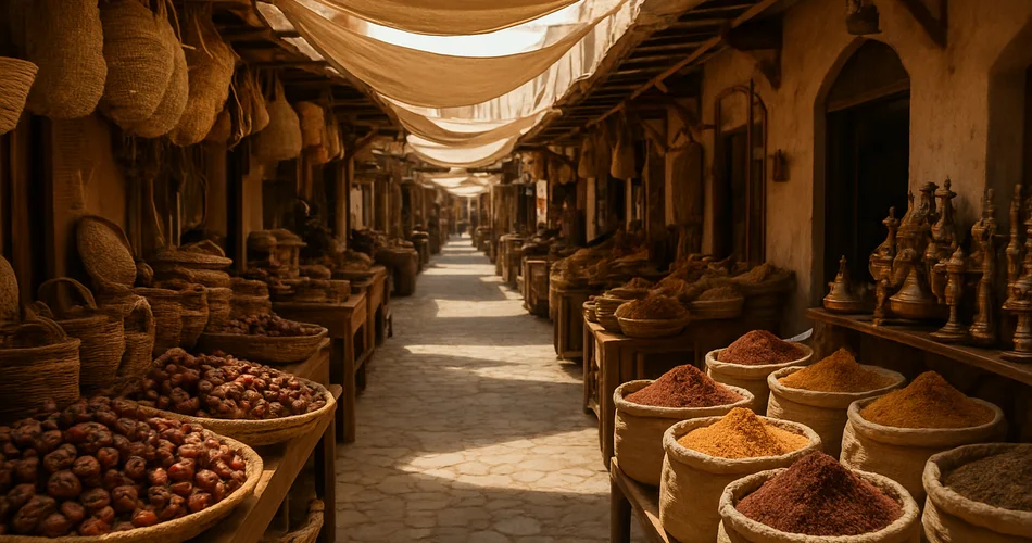 A traditional market lane displays dates, spices, baskets, and brassware.
