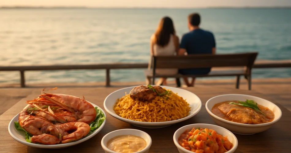 A table of Kuwaiti rice and seafood sits beside the calm gulf.
