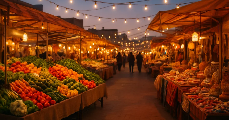 Shoppers browse colorful stalls at an open-air night market in Kuwait.
