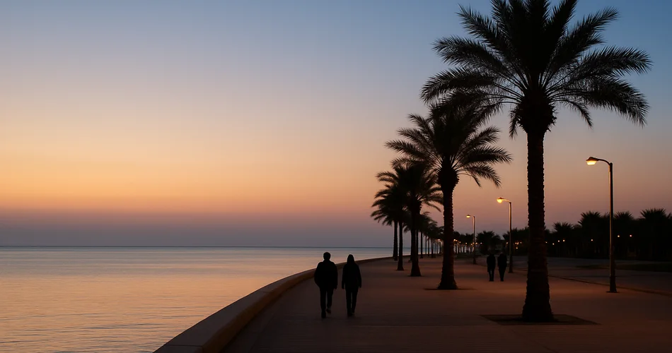 People stroll along a palm-lined Kuwait waterfront at dusk.