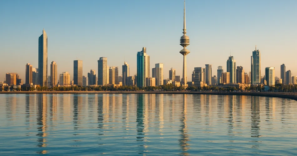 Kuwait City’s waterfront skyline rises above calm Gulf waters in the morning.