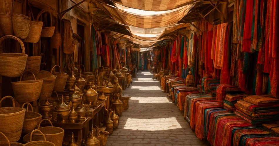 Woven baskets, brassware, and colorful fabrics fill a shaded market walkway.