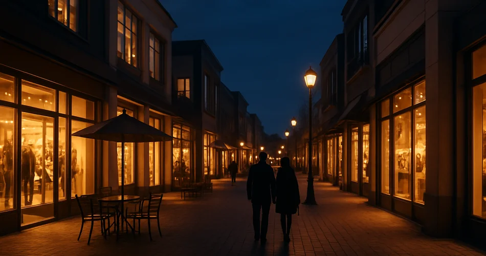 A modern shopping district glows in the evening with outdoor seating and distant pedestrians.