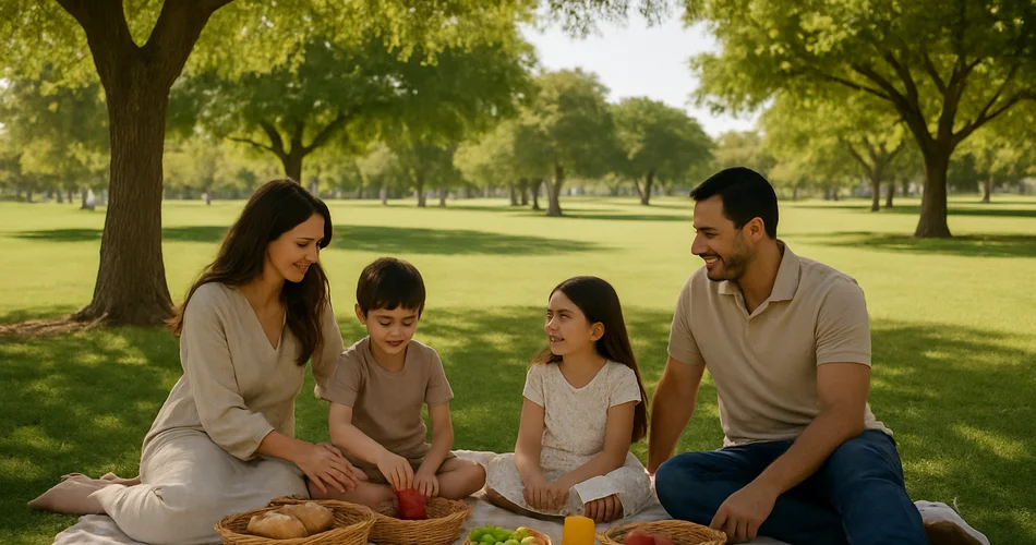 A family picnic blanket and food baskets sit beneath trees beside a green park lawn.