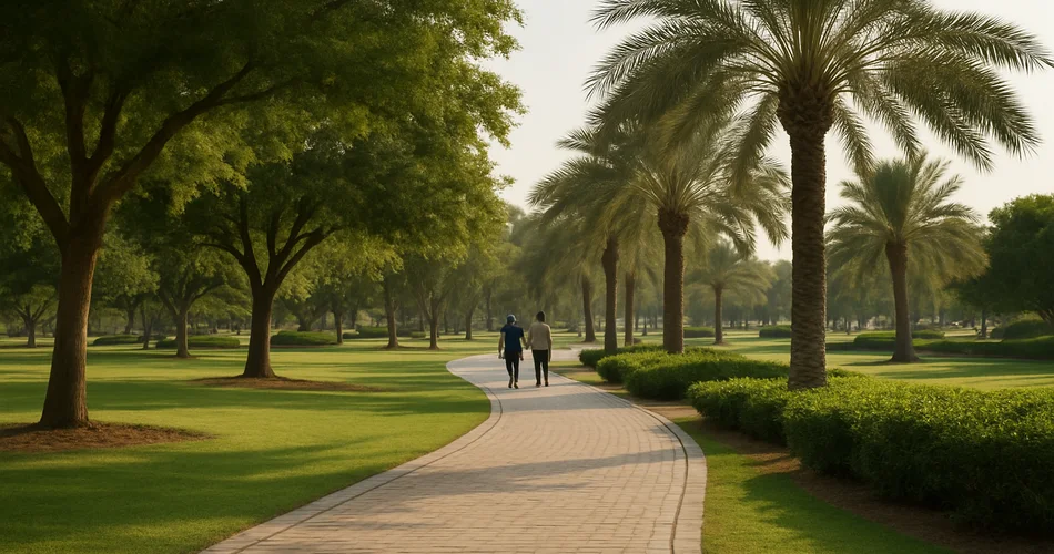 A paved trail winds through a landscaped park with palms and distant walkers.