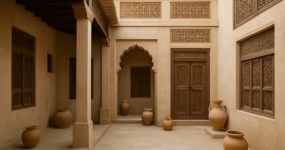 A traditional courtyard displays carved wooden details and pottery.