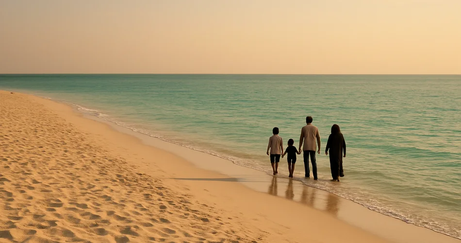 A calm Gulf shoreline has pale sand, turquoise water and distant beachgoers.