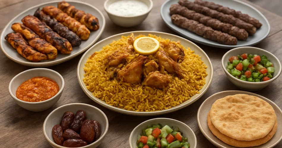 Kuwaiti dishes and small bowls of sides are arranged on a market table.